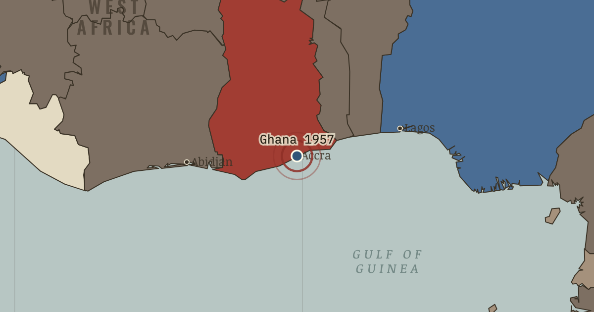 Map showing Accra — Ghana is free — The Decolonization of Africa, 1945–1994