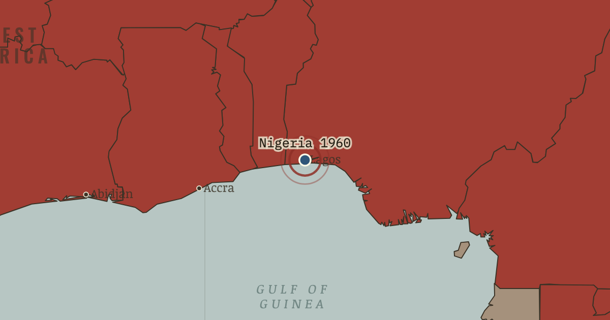 Map showing Lagos — Nigeria at midnight — The Decolonization of Africa, 1945–1994