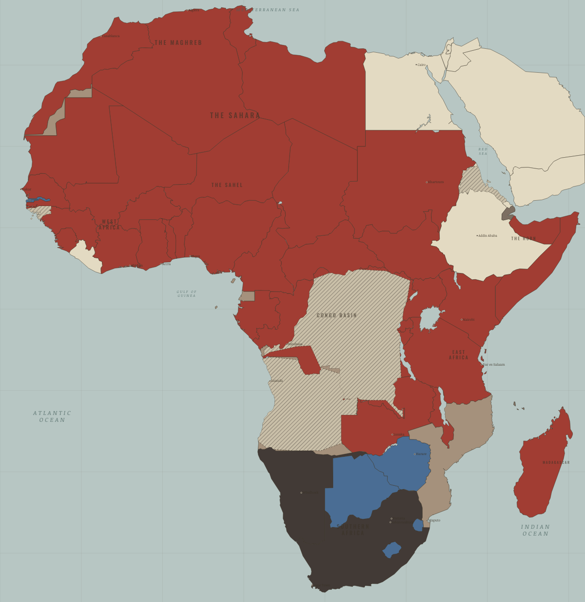 Map of Africa in 1963–64: Kenya, Malawi, Zambia