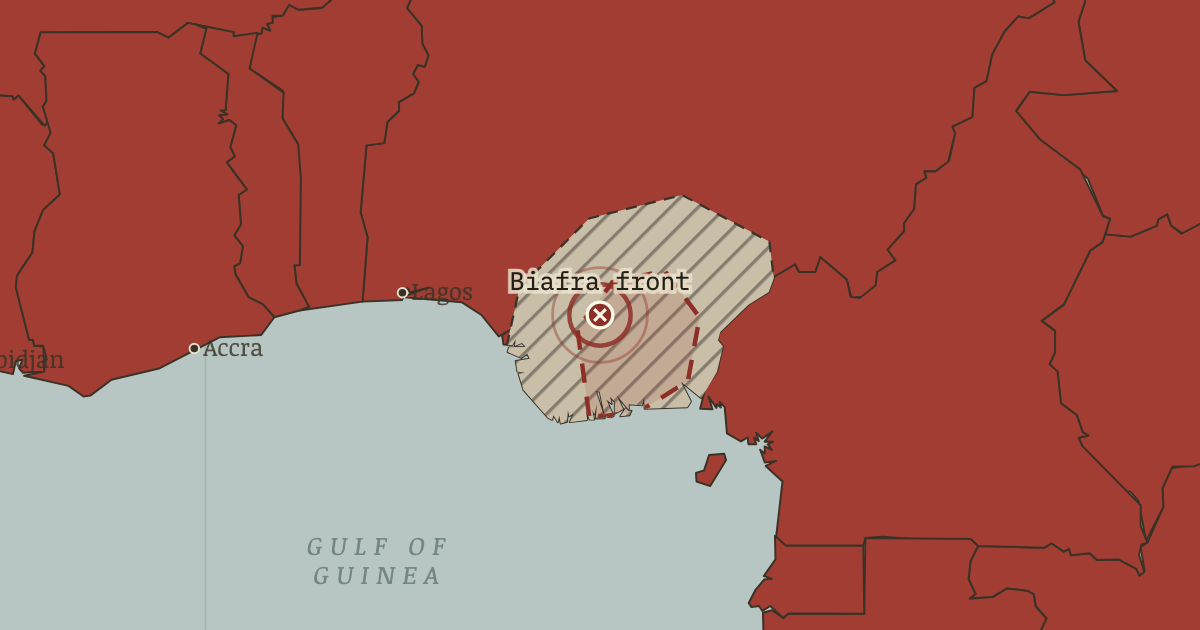 Map showing The Biafran front — The Decolonization of Africa, 1945–1994