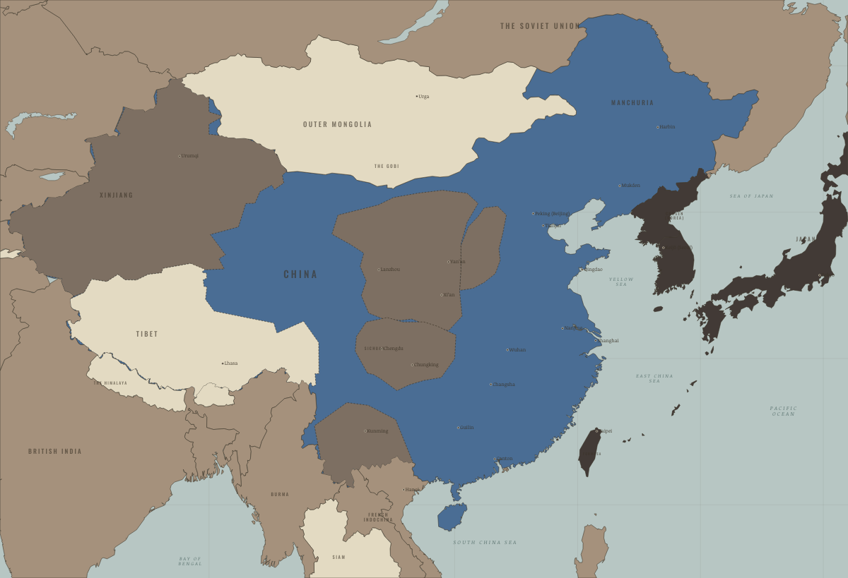 Map of revolutionary China in 1928: Peking taken — nominal reunification