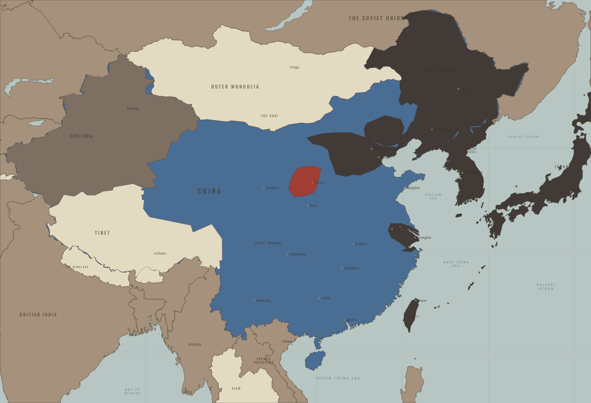 Map of revolutionary China in 1937: Peking, Shanghai, Nanjing fall