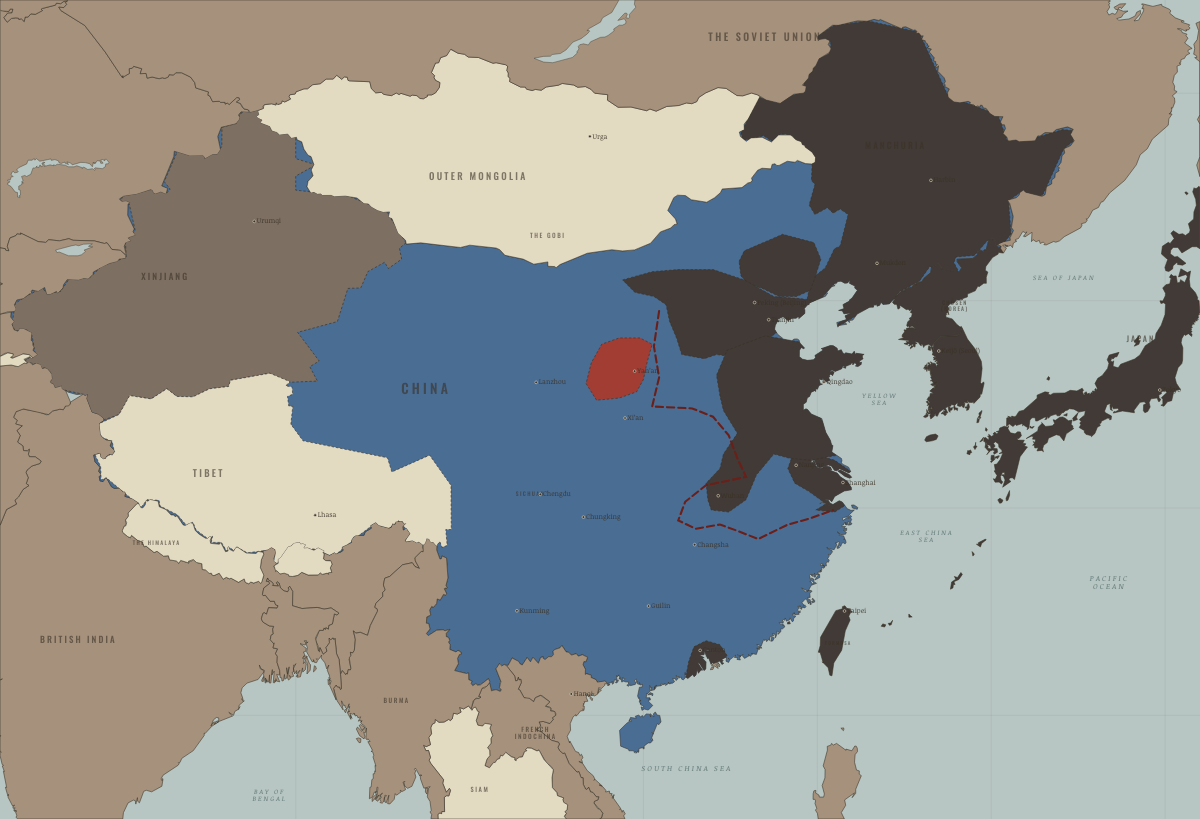 Map of revolutionary China in 1938: Wuhan and Canton — the stalemate line