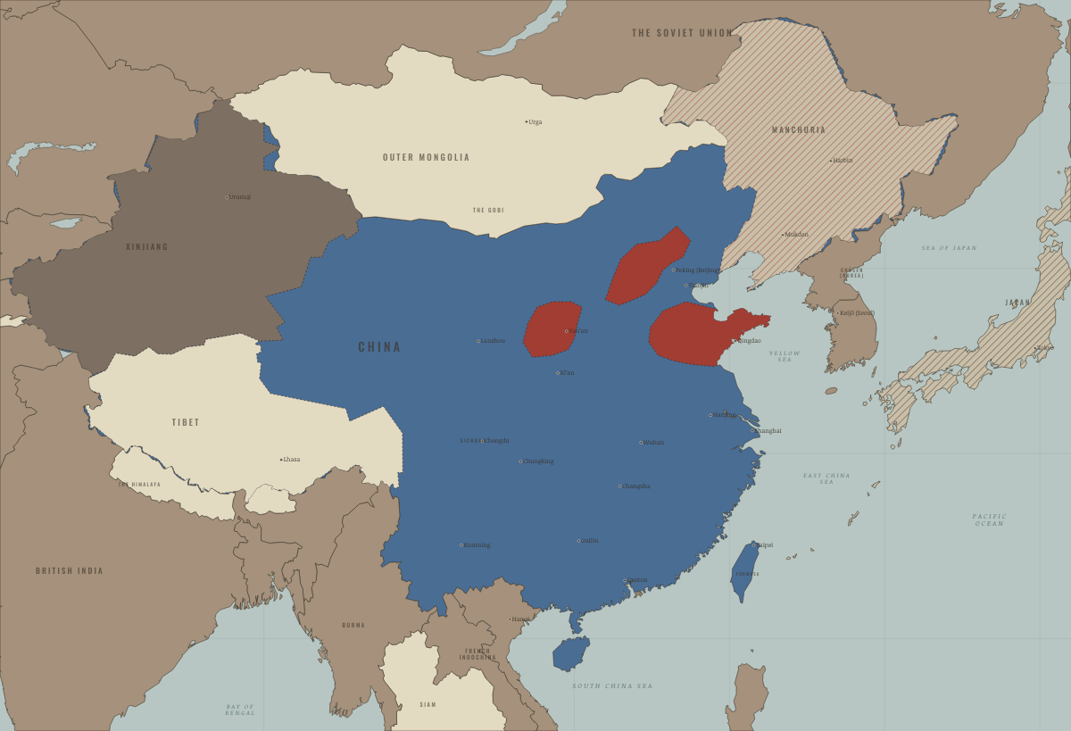 Map of revolutionary China in 1945: Surrender — the liberated areas