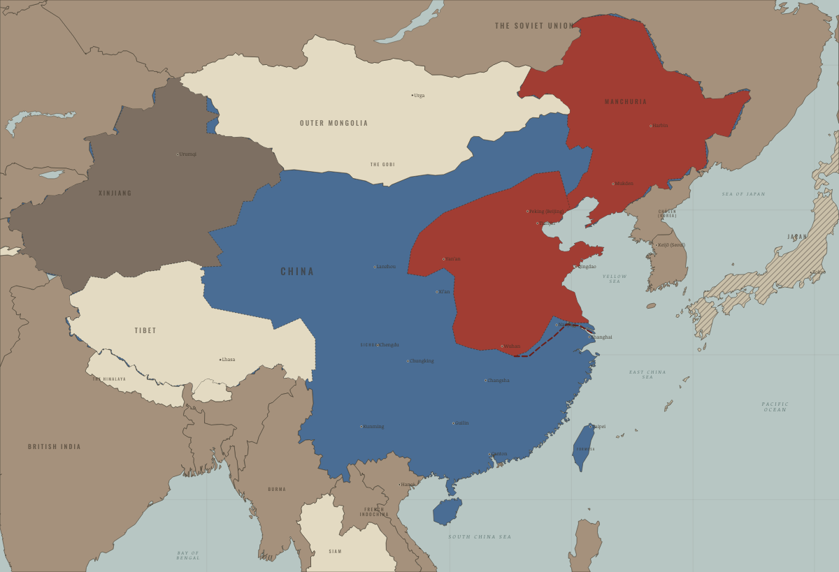 Map of revolutionary China in 1949: Pingjin — the armies face the Yangtze