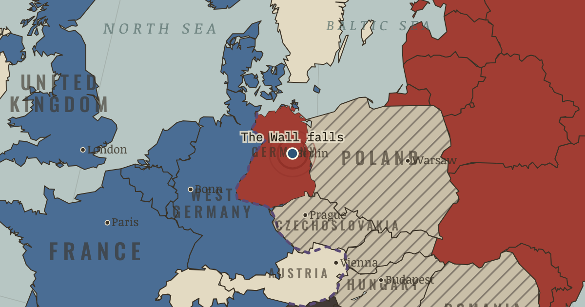 Map showing The Wall falls — The Cold War, 1945–1991
