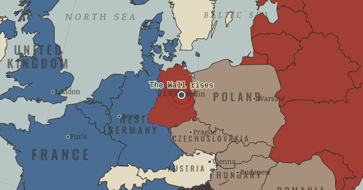 Map showing The Wall goes up — The Cold War, 1945–1991