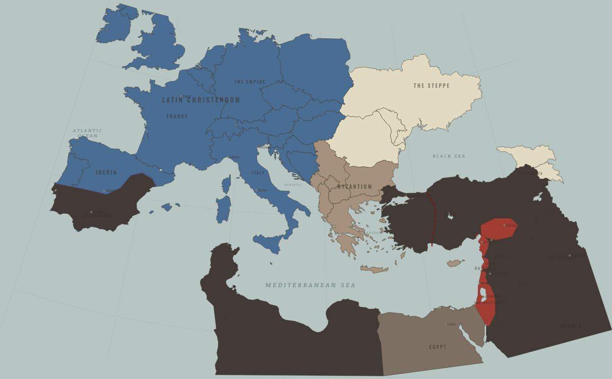 Map of the Crusader world in 1099: The four states appear