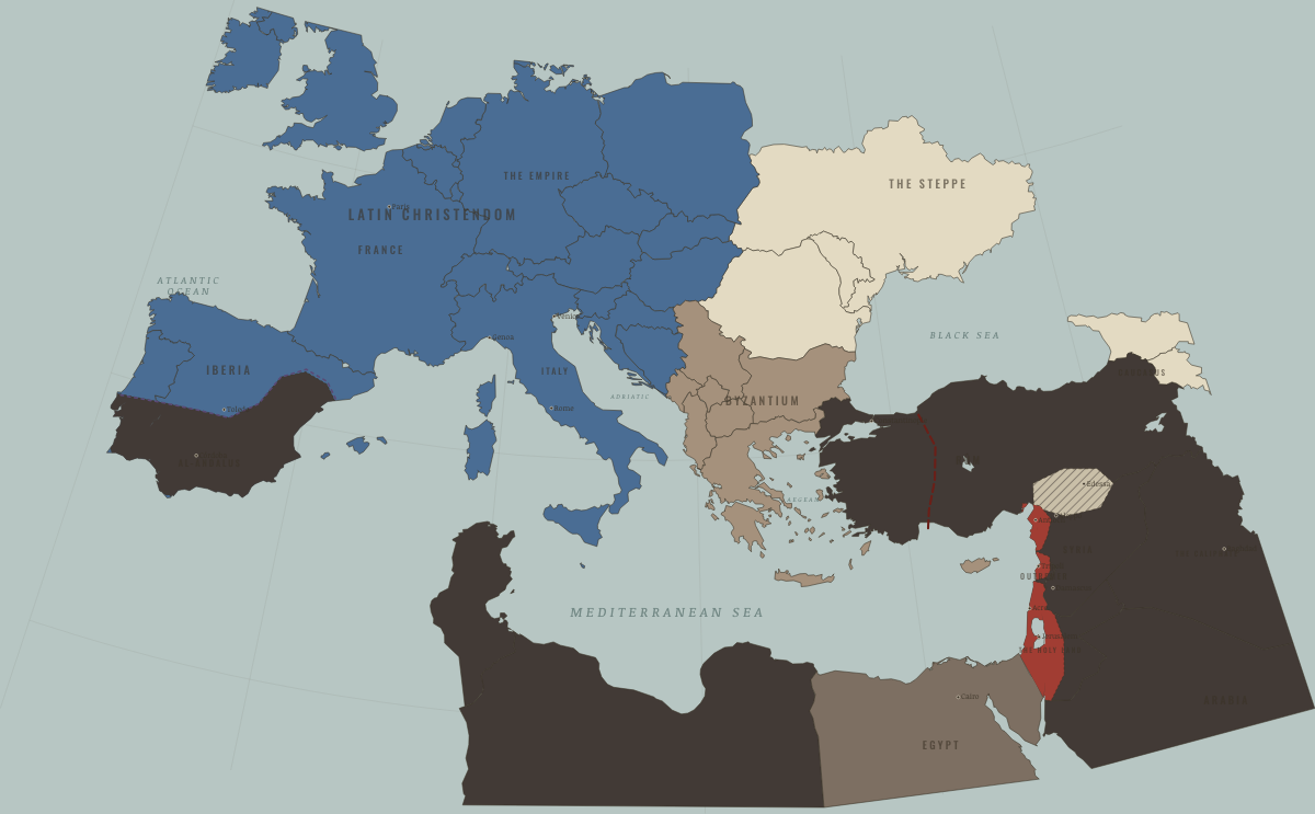 Map of the Crusader world in 1144: Edessa falls to Zengi