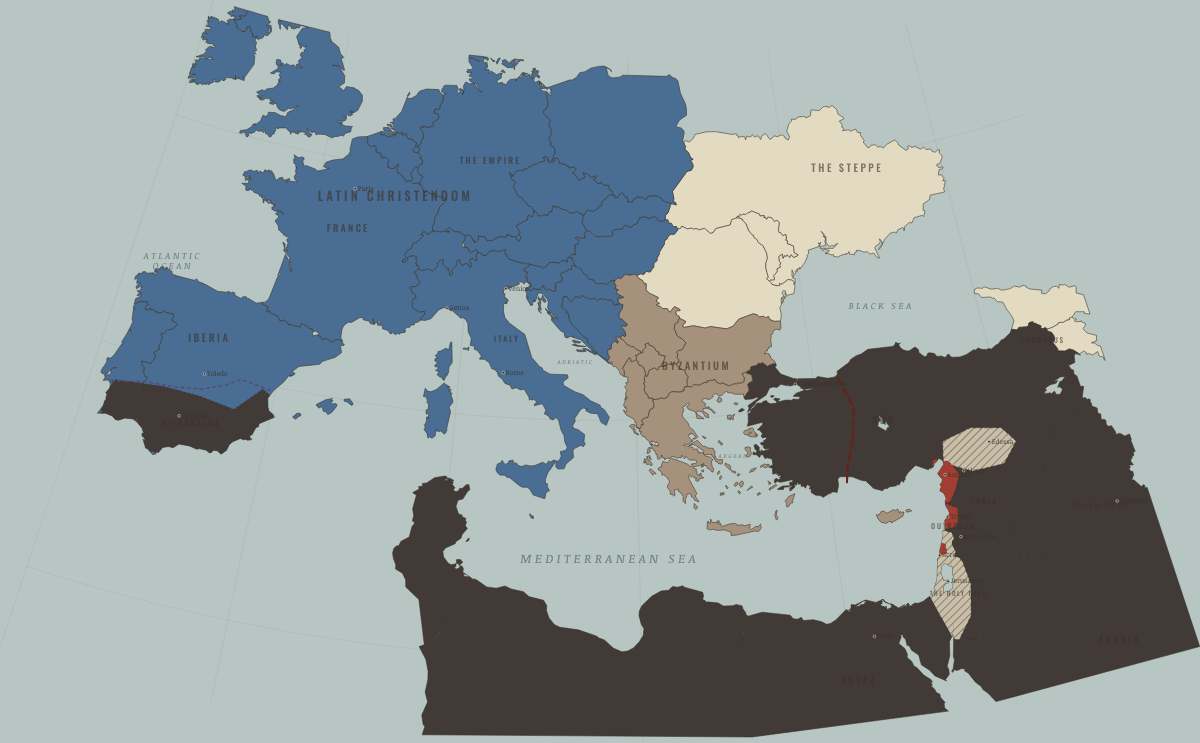 Map of the Crusader world in 1187: Hattin — the kingdom collapses