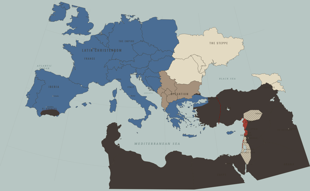 Map of the Crusader world in 1212: Las Navas — Iberia shifts