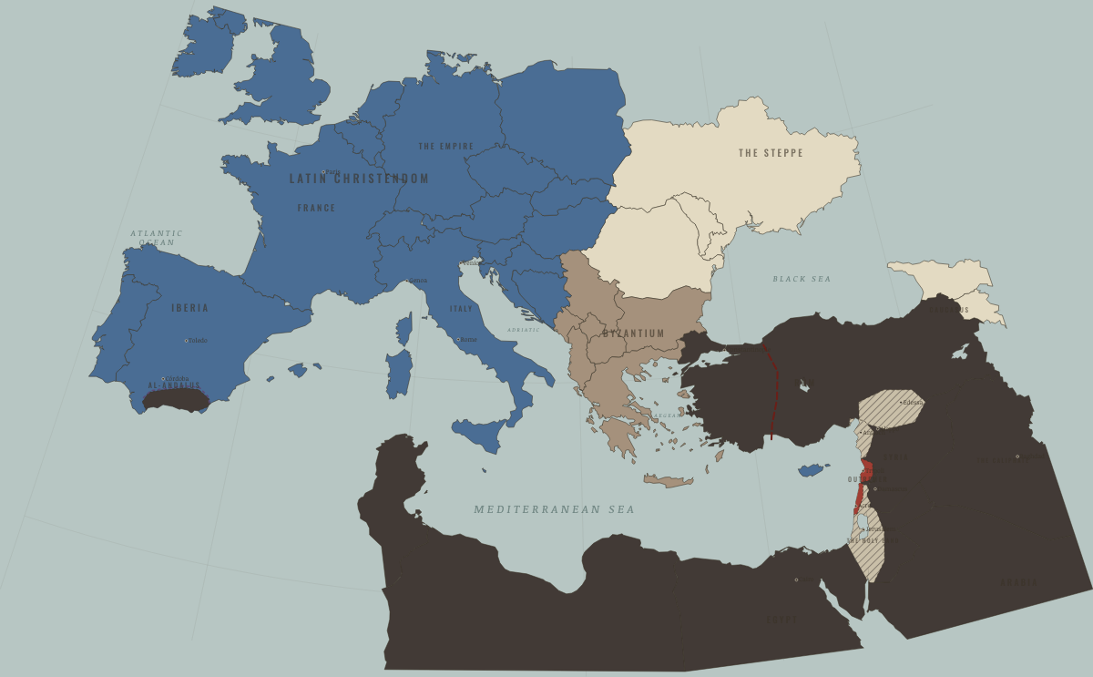 Map of the Crusader world in 1271: After Baibars — Antioch gone, Krak fallen