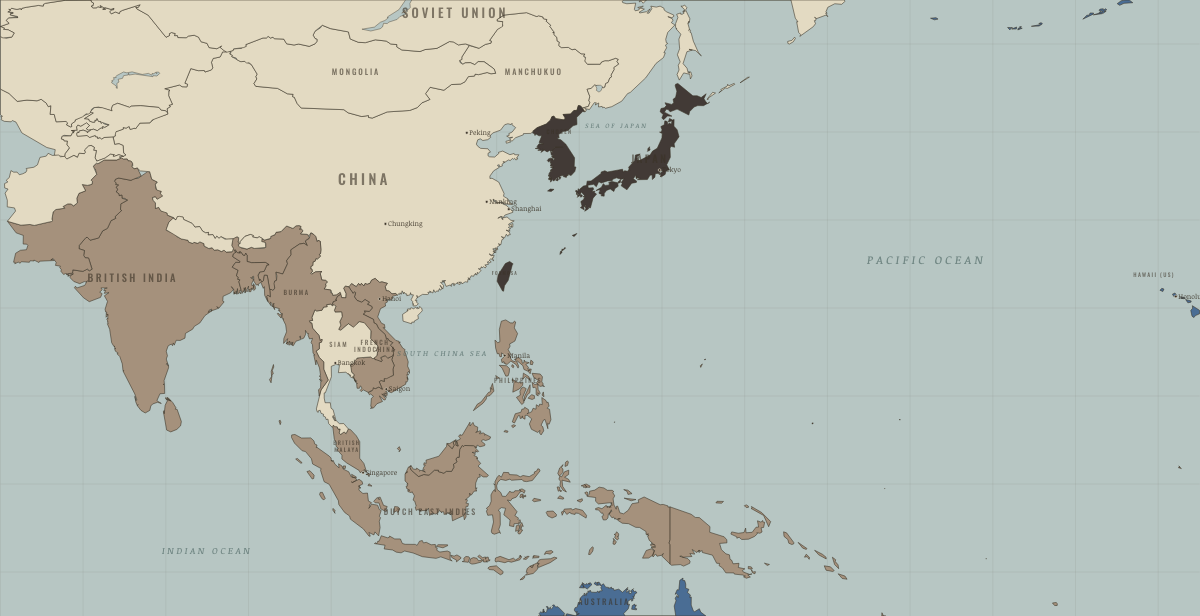 Map of Asia and the Pacific on the road to war in 1931: The world of 1931