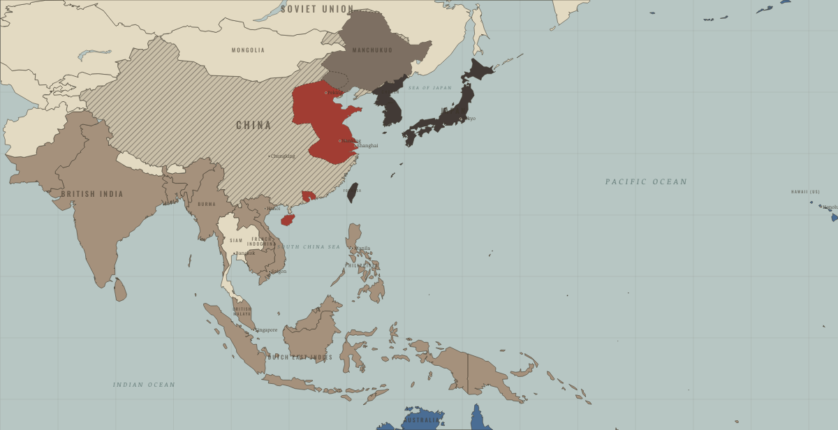 Map of Asia and the Pacific on the road to war in 1939: Hainan taken; Japan checked at Khalkhin Gol