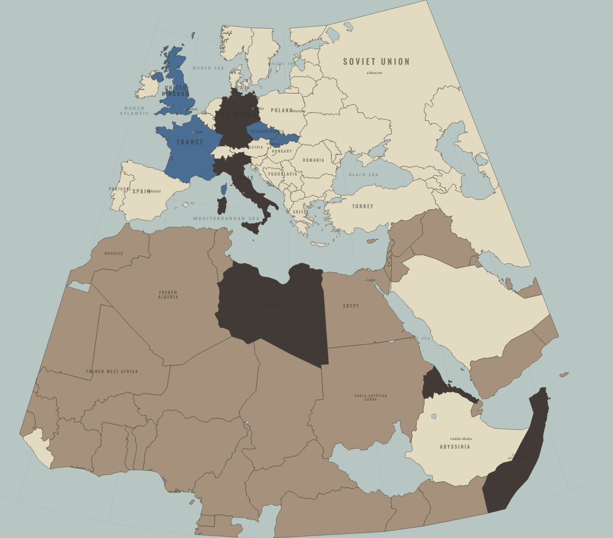 Map of Europe on the road to war in JAN 1933: Hitler is handed the chancellery