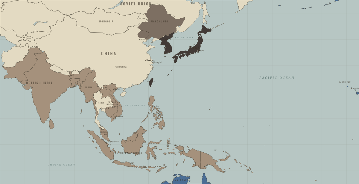 Map of Asia and the Pacific on the road to war in MAR 1933: Jehol taken; Japan quits the League