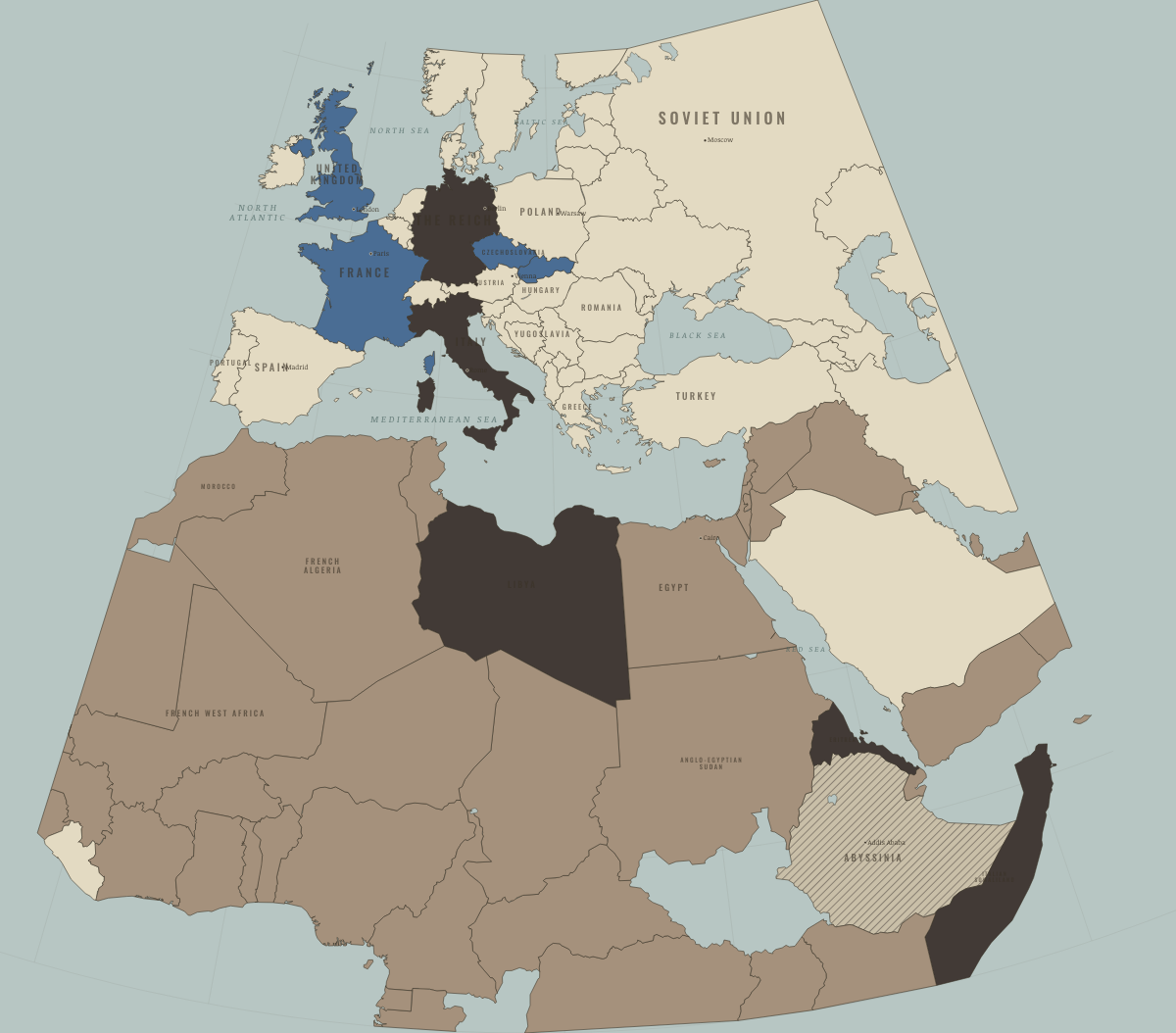 Map of Europe on the road to war in MAR 1936: The Rhineland reoccupied