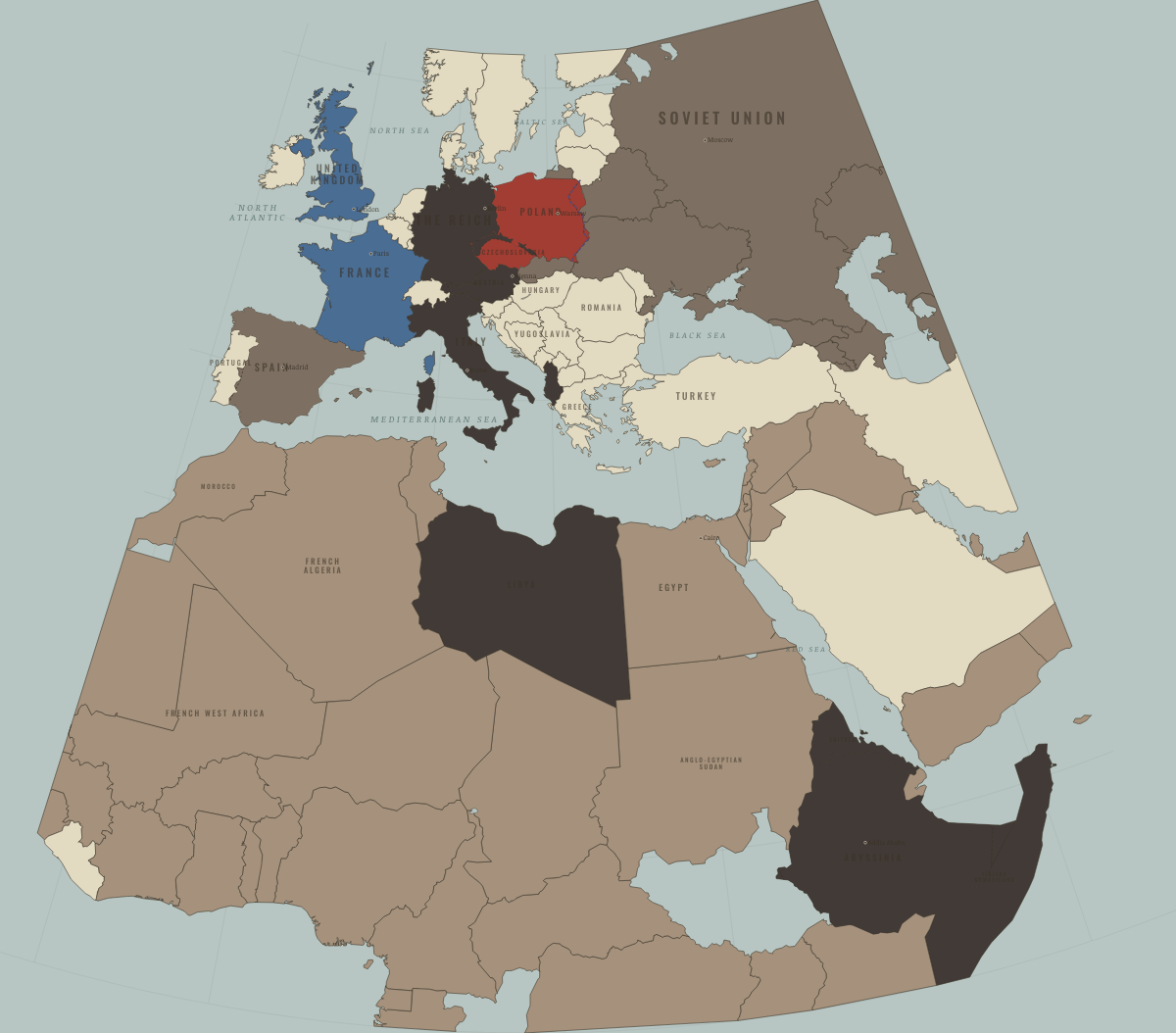 Map of Europe on the road to war in SEP 1939: The Pact, and Poland partitioned