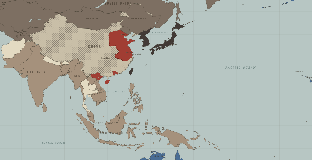 Map of Asia and the Pacific on the road to war in SEP 1940: Tonkin occupied; the Tripartite Pact