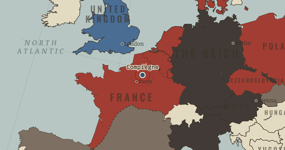 Map showing The armistice at Compiègne — The Road to War, 1931–1941