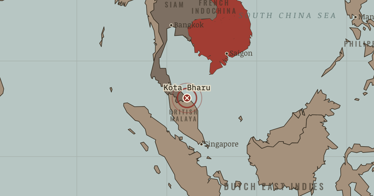 Map showing The Kota Bharu landings — The Road to War, 1931–1941