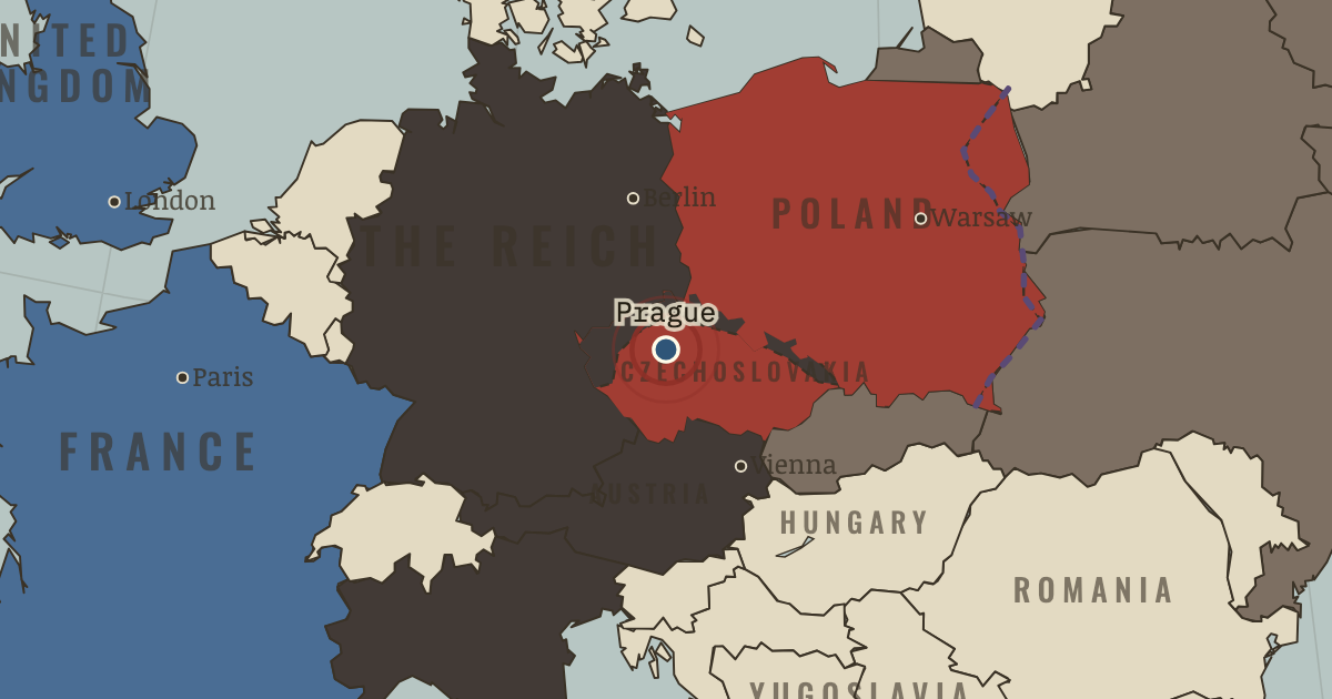 Map showing The march into Prague — The Road to War, 1931–1941