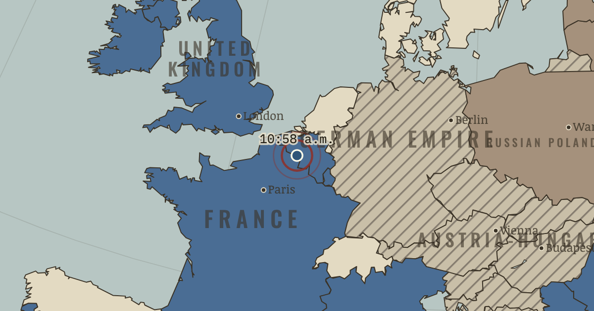 Map showing 10:58 a.m. — The Great War, 1914–1918