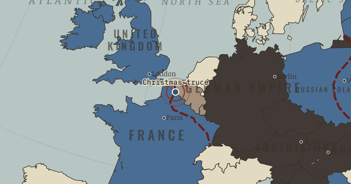 Map showing The Christmas truce — The Great War, 1914–1918