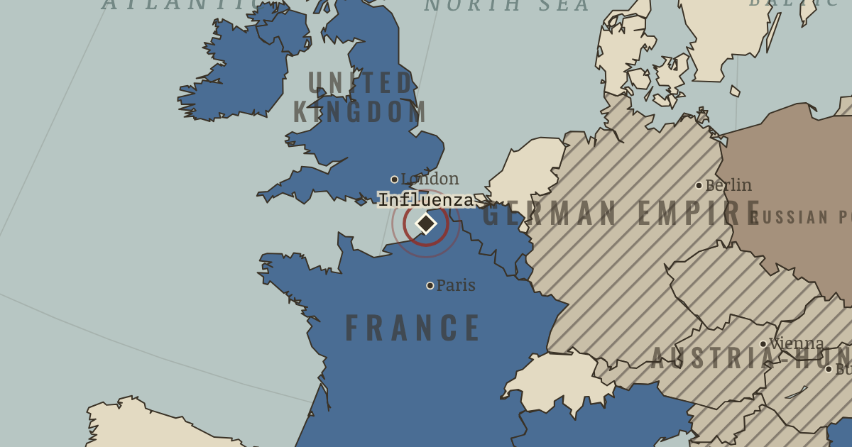 Map showing The influenza pandemic — The Great War, 1914–1918