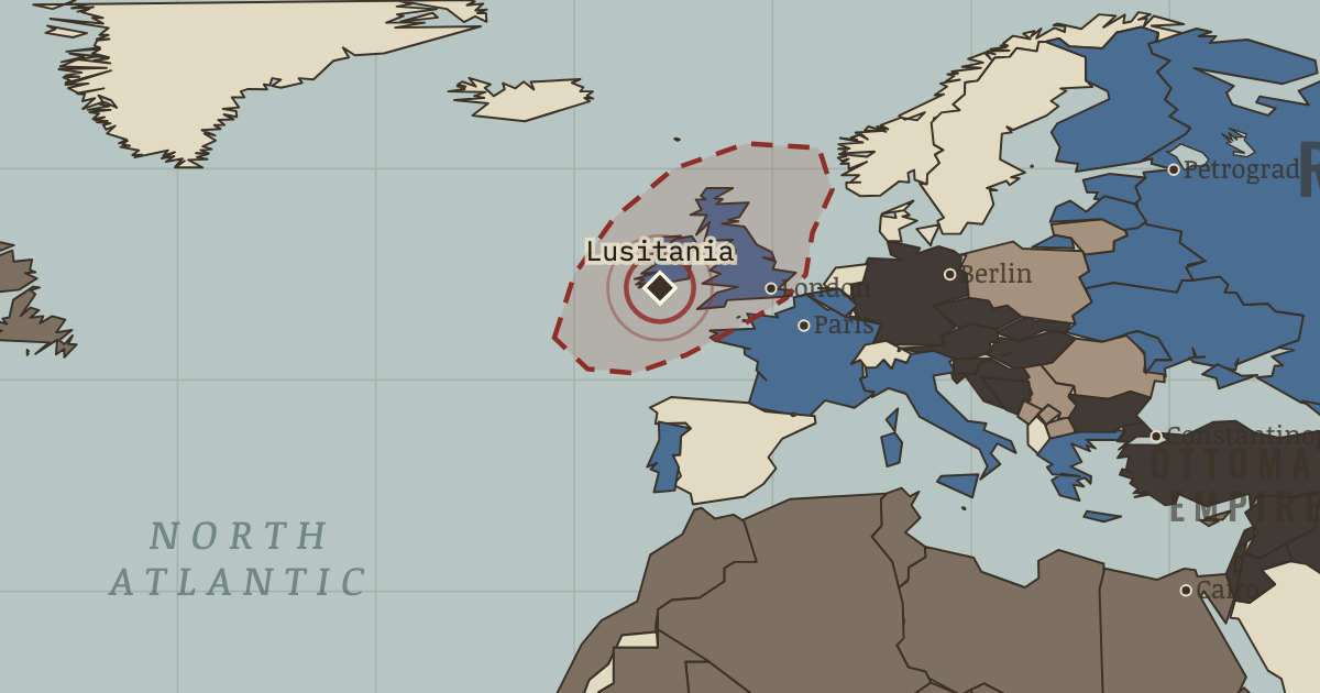 Map showing The Lusitania — The Great War, 1914–1918