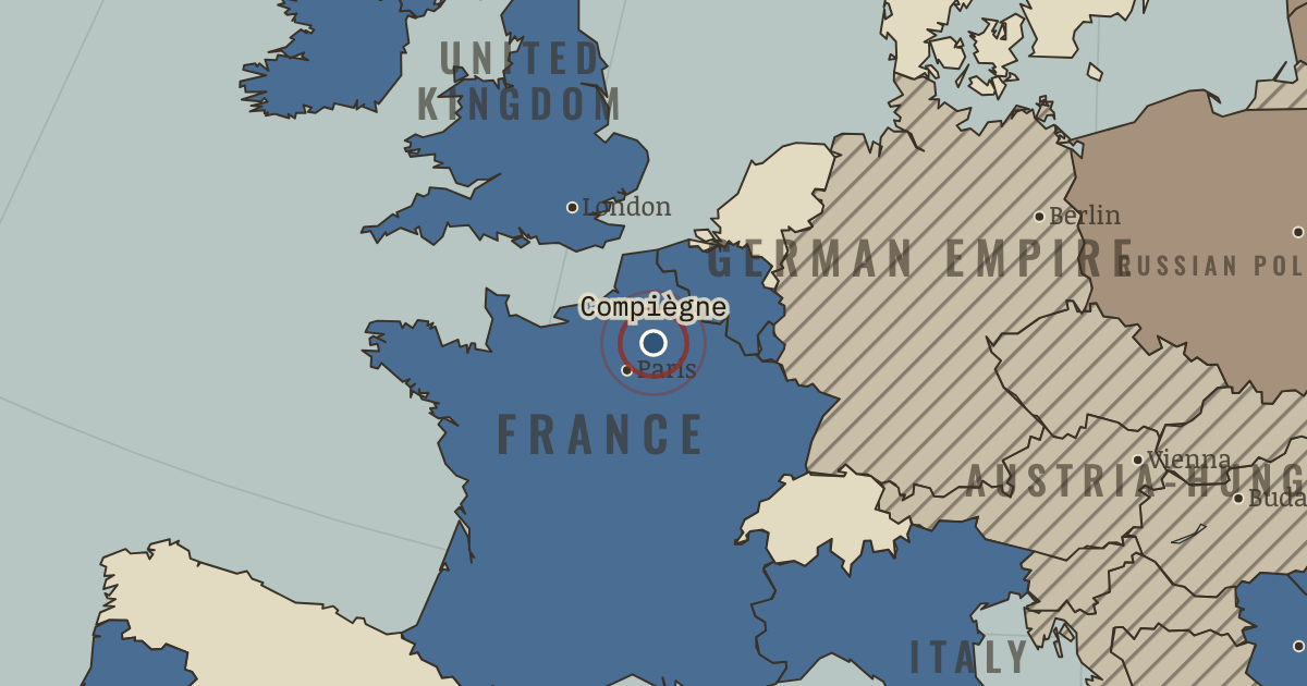 Map showing The railway carriage — The Great War, 1914–1918