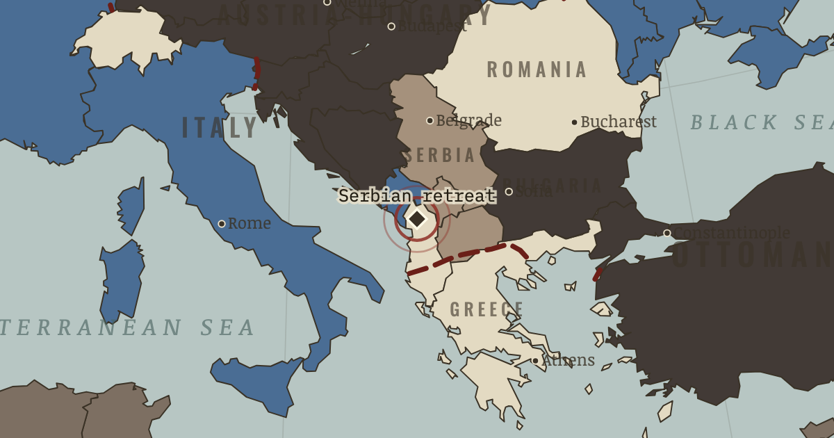 Map showing The Serbian retreat — The Great War, 1914–1918