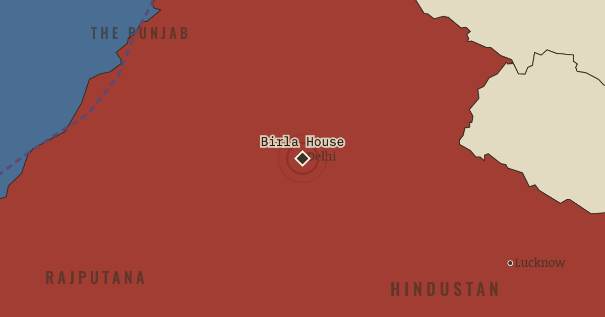 Map showing Birla House — Gandhi is killed — Indian Independence & Partition, 1905–1948