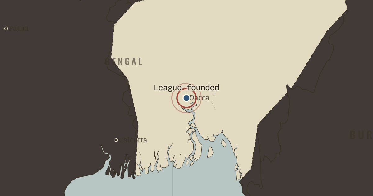 Map showing Dacca — the Muslim League is founded — Indian Independence & Partition, 1905–1948