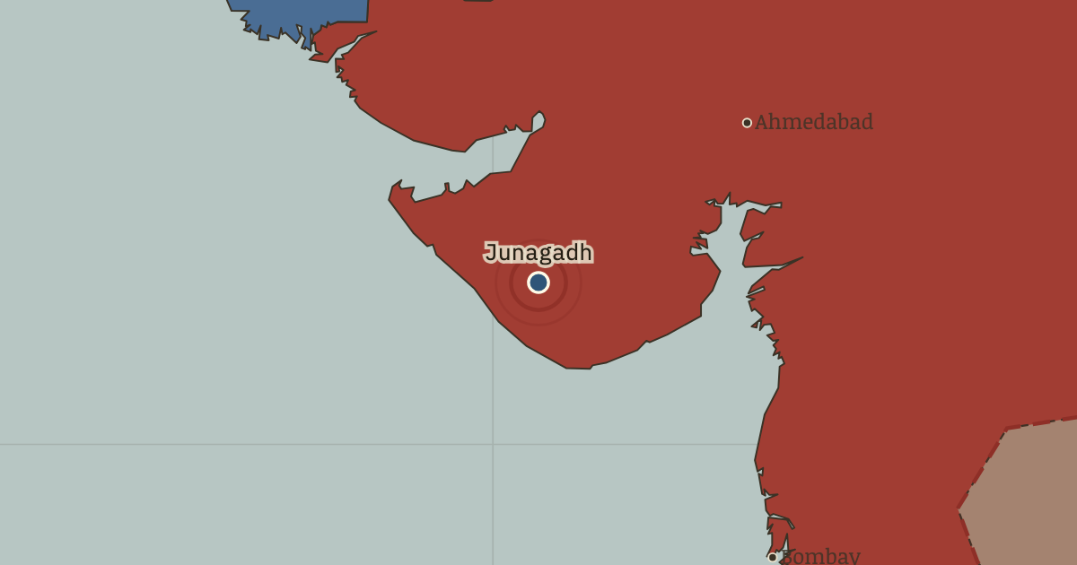 Map showing Junagadh — Indian Independence & Partition, 1905–1948