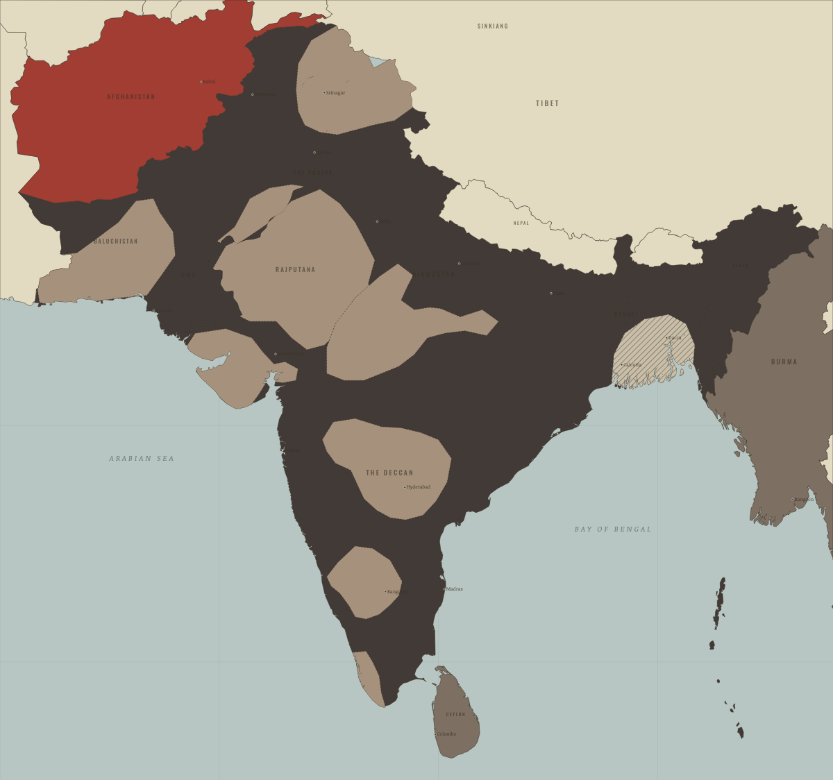 Map of the Indian subcontinent in 1943: Famine in Bengal