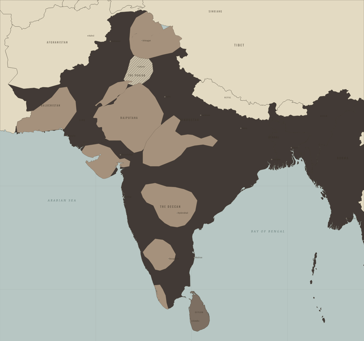 Map of the Indian subcontinent in APR 1919: Martial law in the Punjab