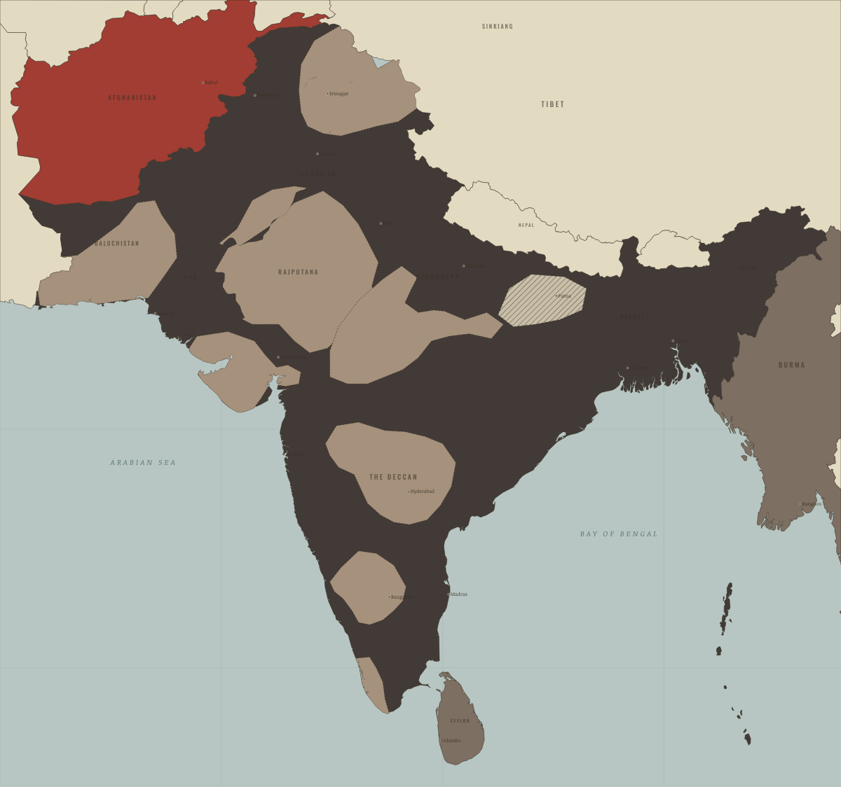 Map of the Indian subcontinent in AUG 1942: Quit India