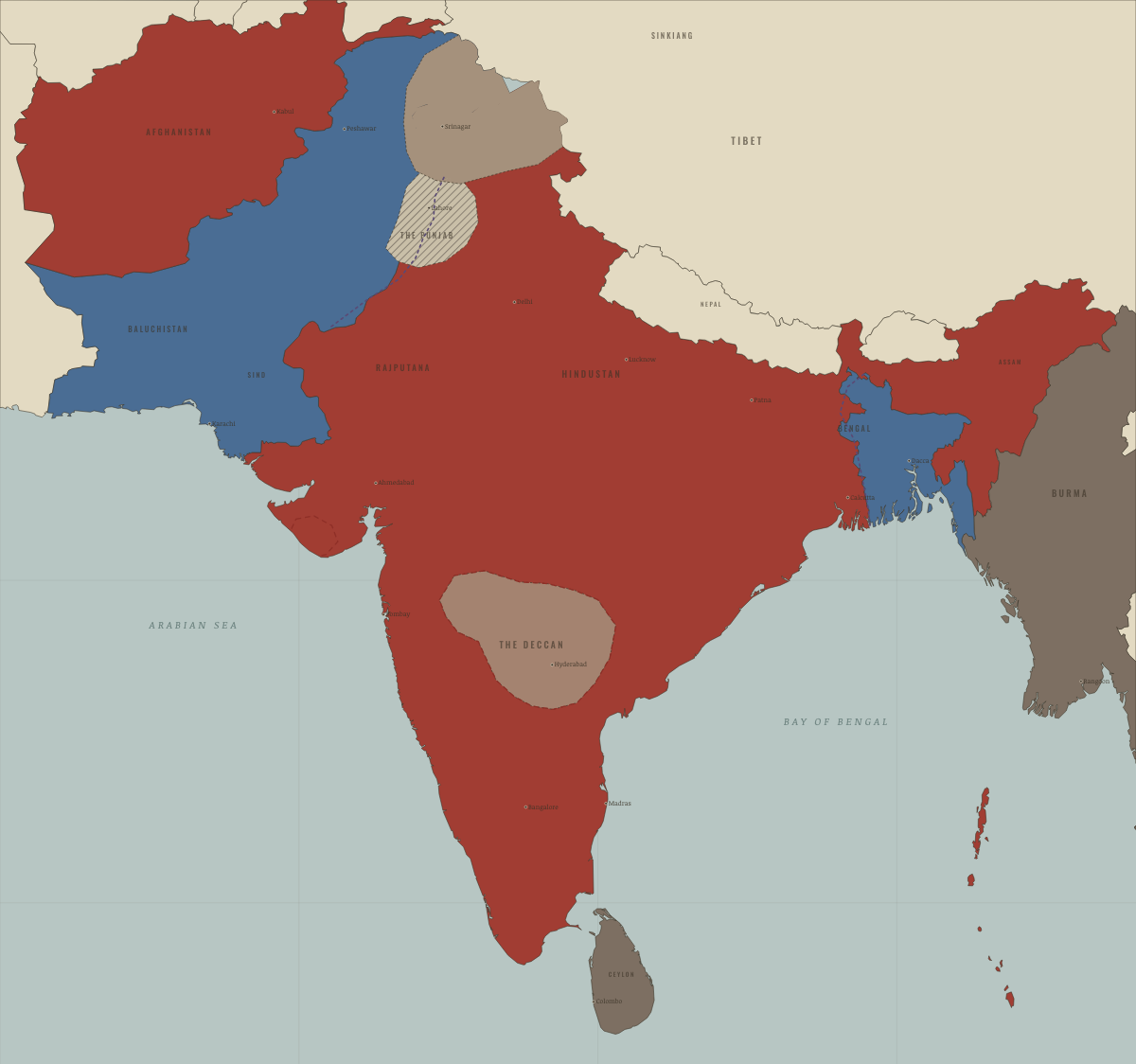 Map of the Indian subcontinent in AUG 1947: Partition — two dominions