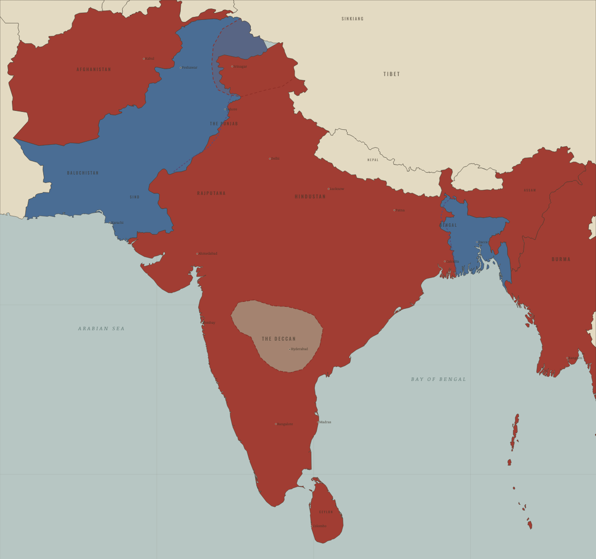 Map of the Indian subcontinent in FEB 1948: Burma & Ceylon go free