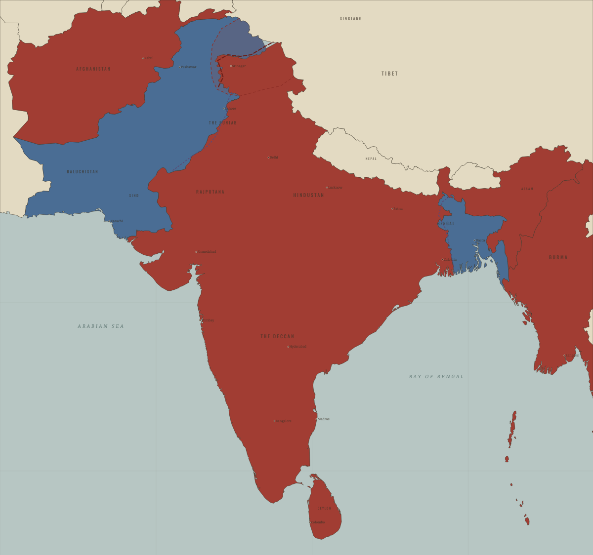 Map of the Indian subcontinent in JAN 1949: The ceasefire line