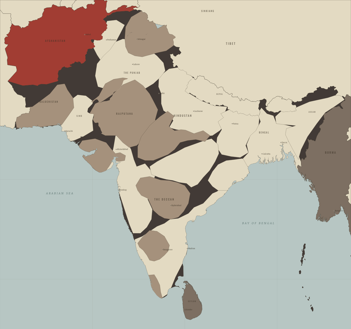 Map of the Indian subcontinent in JUL 1937: The elected map