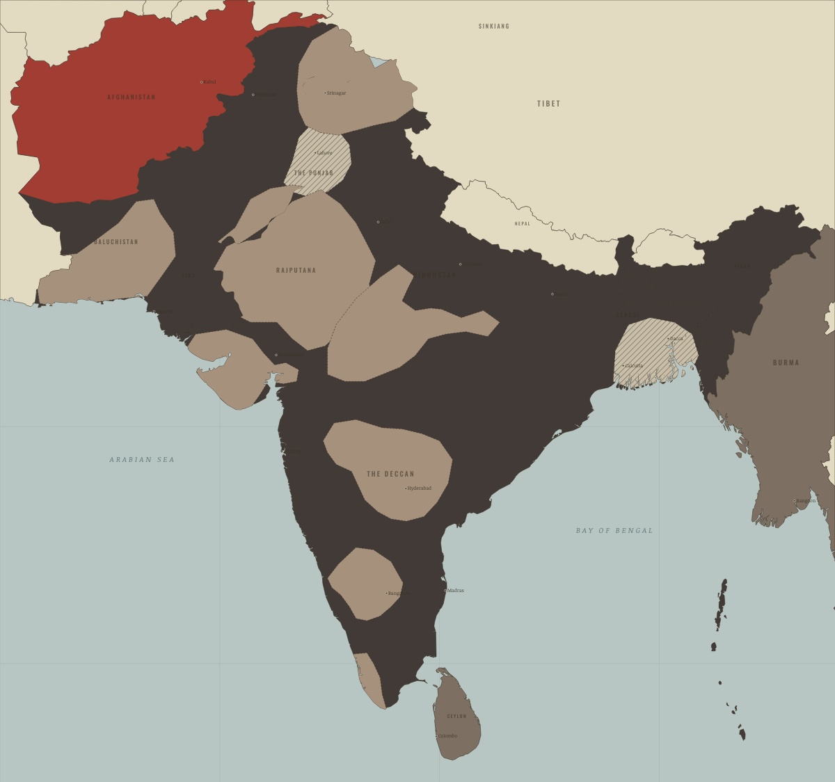 Map of the Indian subcontinent in MAR 1947: The Punjab burns