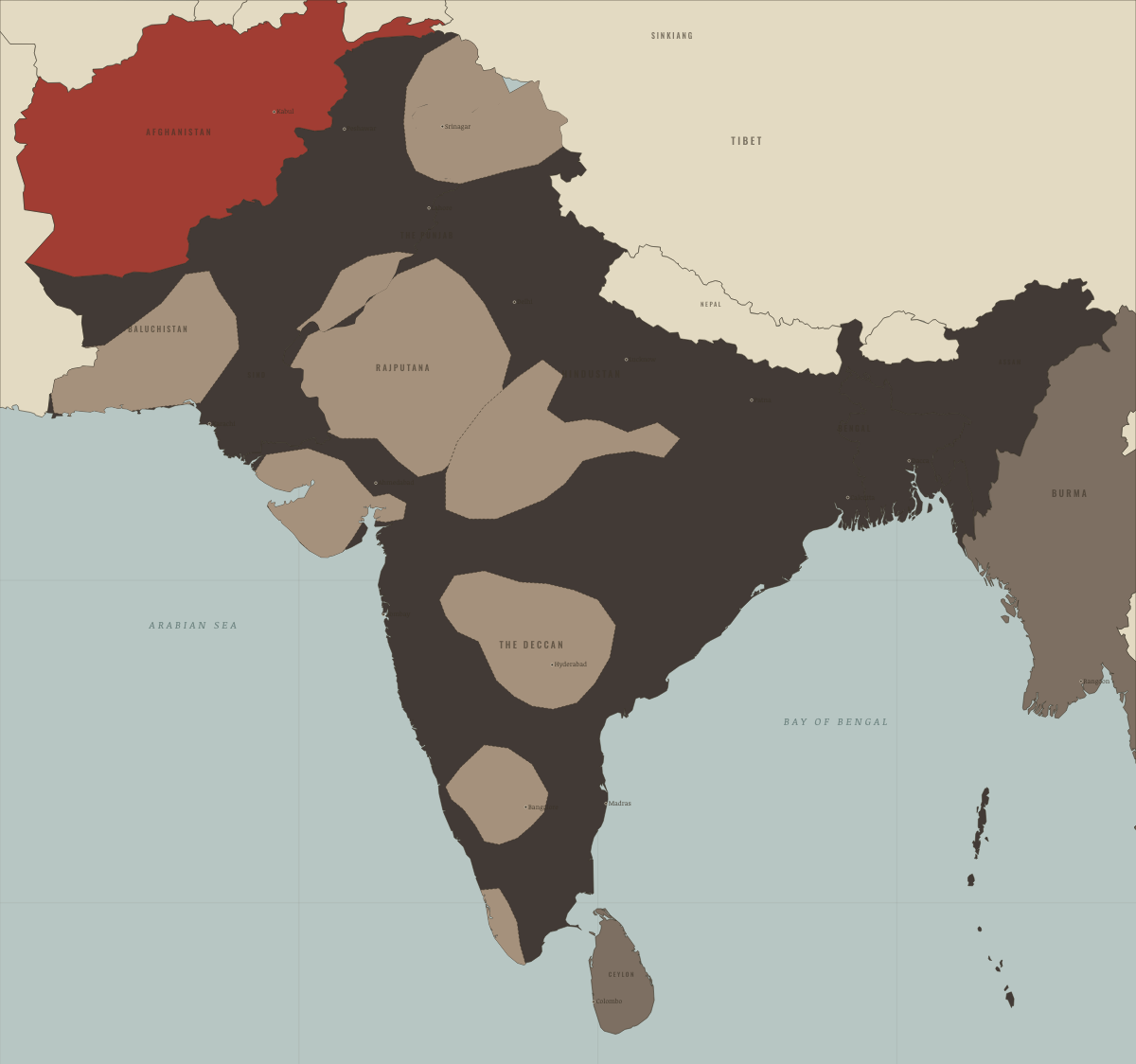 Map of the Indian subcontinent in NOV 1939: The ministries resign