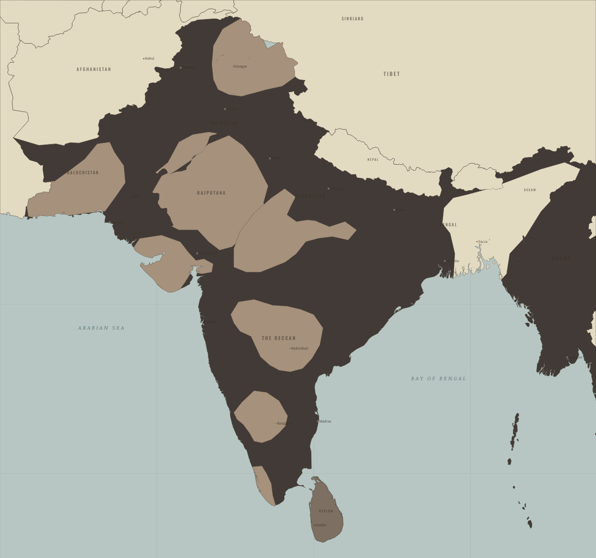 Map of the Indian subcontinent in OCT 1905: Bengal partitioned