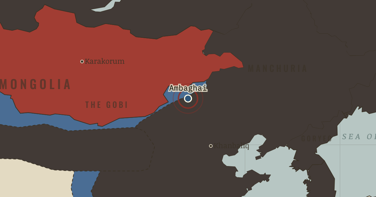Map showing Ambaghai Khan betrayed — The Mongol Empire, 1206–1294