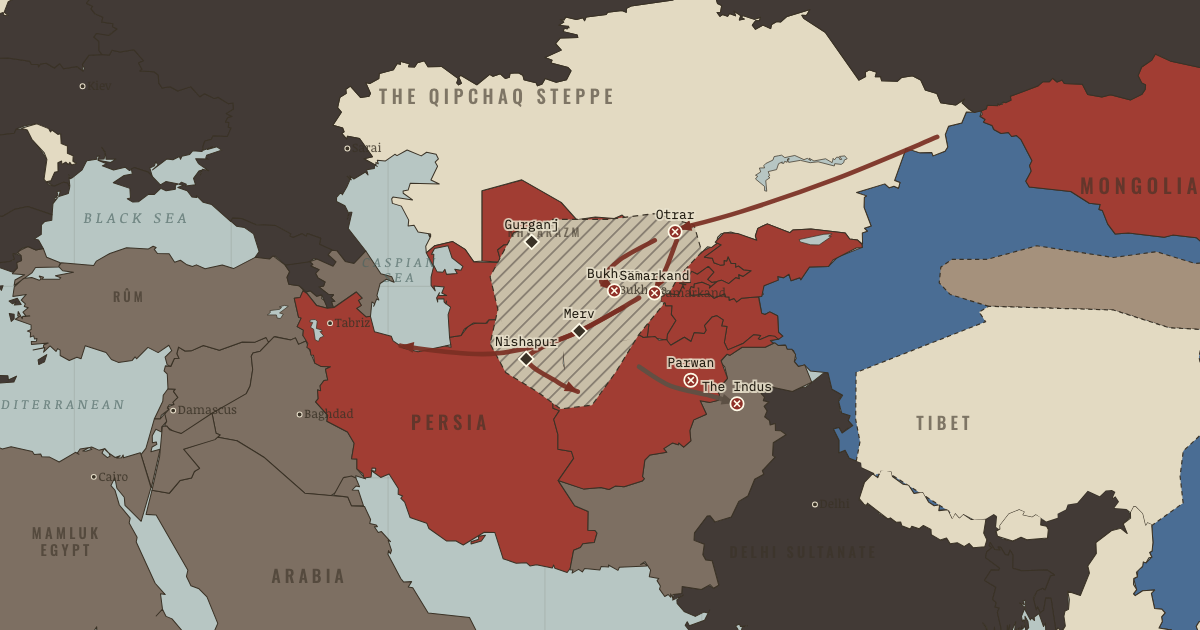 Map: The Khwarazm Catastrophe — The Mongol Empire, 1206–1294
