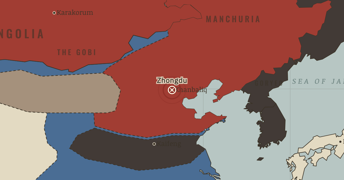 Map showing Fall of Zhongdu — The Mongol Empire, 1206–1294