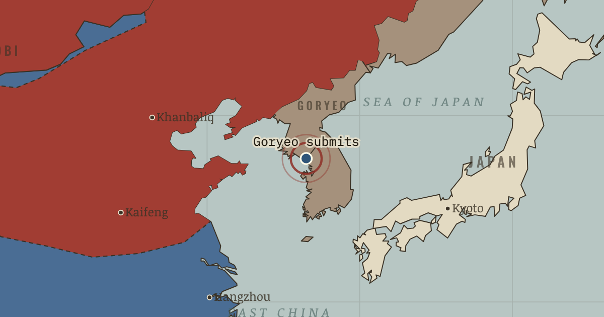 Map showing Goryeo comes to terms — The Mongol Empire, 1206–1294