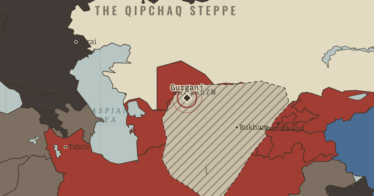 Map showing Gurganj (Urgench) — The Mongol Empire, 1206–1294